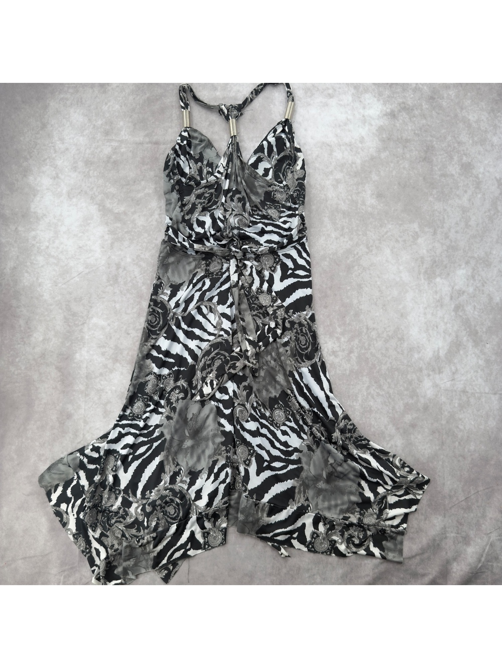 Vintage Y2K Zebra Animal Print Paisley Halter Asymmetrical Midi Dress S - Picture 5 of 9